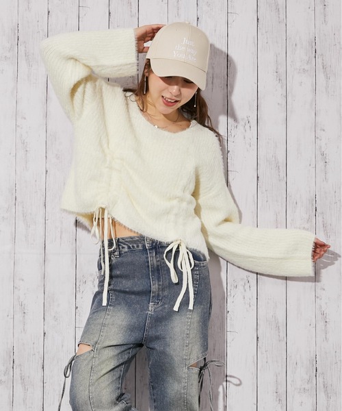GORGE（ゴージ）の「《前ドロスト×ふわモコ》ストリート×フェミ映え◎くしゅギャザー秋冬ニットトップス（ニット/セーター・レディース・チャコール/ピンク/アイボリー・F）」の12枚目の写真