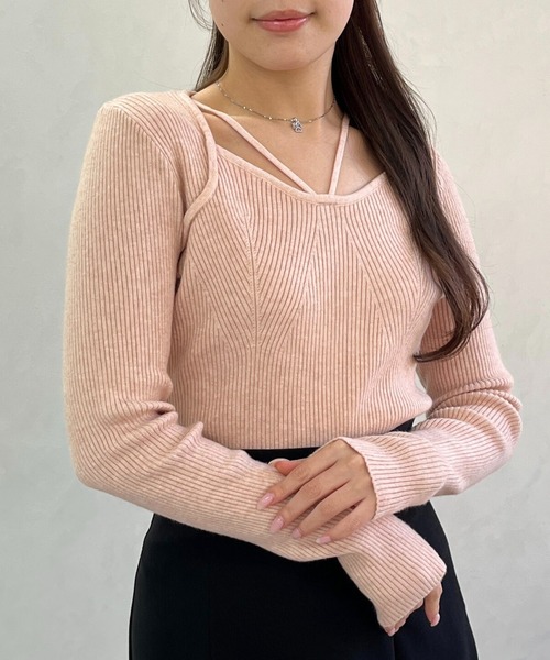 MISCH MASCH（ミッシュマッシュ）の「一部店舗限定 華奢ストラップリブニットトップス（ニット/セーター・レディース・ピンク/ブラック・ﾌﾘ-）」の6枚目の写真