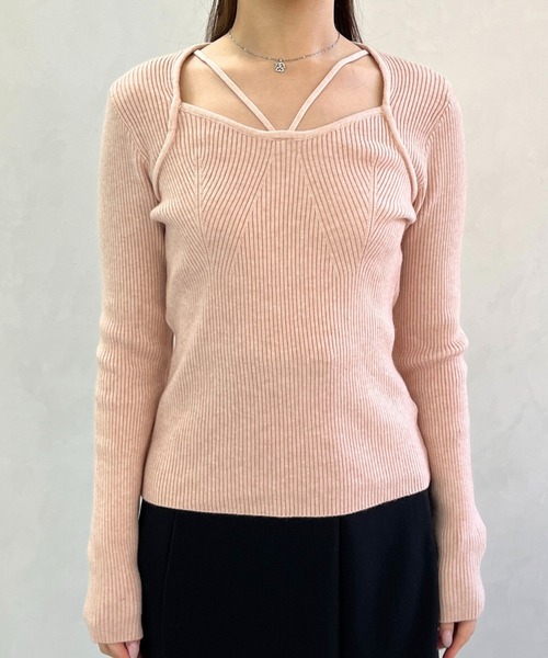 MISCH MASCH（ミッシュマッシュ）の「一部店舗限定 華奢ストラップリブニットトップス（ニット/セーター・レディース・ピンク/ブラック・ﾌﾘ-）」の7枚目の写真