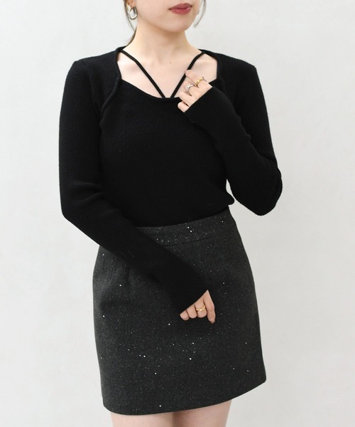 MISCH MASCH（ミッシュマッシュ）の「一部店舗限定 華奢ストラップリブニットトップス（ニット/セーター・レディース・ピンク/ブラック・ﾌﾘ-）」の3枚目の写真