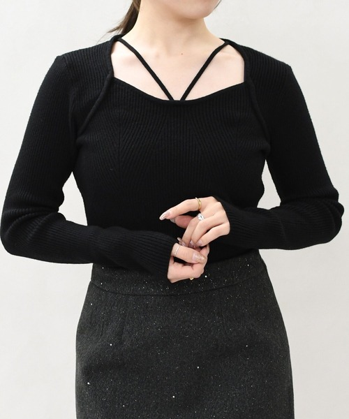 MISCH MASCH（ミッシュマッシュ）の「一部店舗限定 華奢ストラップリブニットトップス（ニット/セーター・レディース・ピンク/ブラック・ﾌﾘ-）」の4枚目の写真