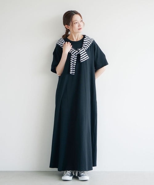 SOLAMONAT(ソラモナ)の「サラリト天竺 五分袖マキシワンピース(ワンピース・レディース・ホワイト/ブラック・S/L/M)」の2枚目の写真