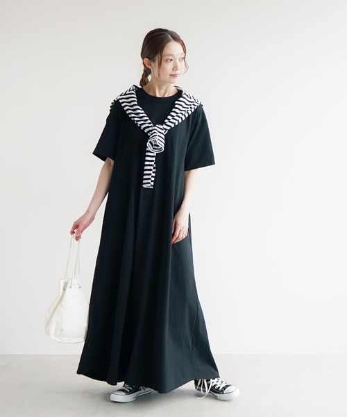 SOLAMONAT(ソラモナ)の「サラリト天竺 五分袖マキシワンピース(ワンピース・レディース・ホワイト/ブラック・S/L/M)」の14枚目の写真