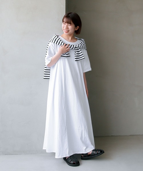SOLAMONAT(ソラモナ)の「サラリト天竺 五分袖マキシワンピース(ワンピース・レディース・ホワイト/ブラック・S/L/M)」の8枚目の写真