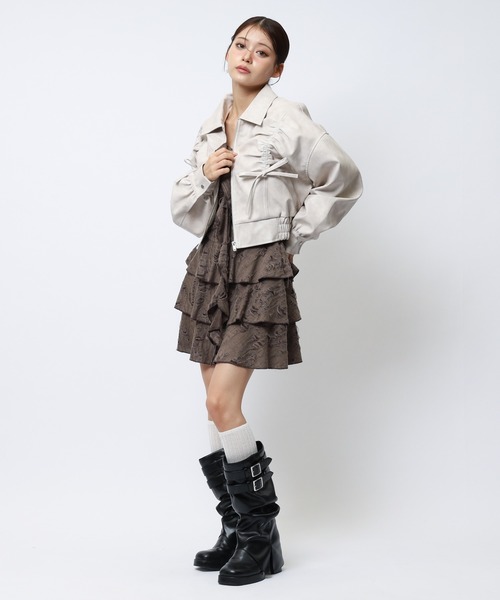 SPIRALGIRL（スパイラルガール）の「合皮ギャザーショートジャケット（ブルゾン・レディース・ブラック/オフホワイト/ブラウン・FREE）」の14枚目の写真