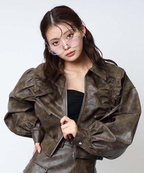 SPIRALGIRL（スパイラルガール）の「合皮ギャザーショートジャケット（ブルゾン・レディース・ブラック/オフホワイト/ブラウン・FREE）」の19枚目の写真