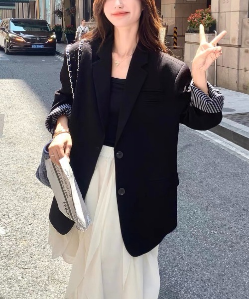 gossip!ロサンゼルス(ゴシップロサンゼルス)の「【春秋新作】韓国風ルーズ ストライプアクセントシンプルオフィス カジュアルアウター(テーラードジャケット・レディース・ブラック・M/L/S)」の17枚目の写真