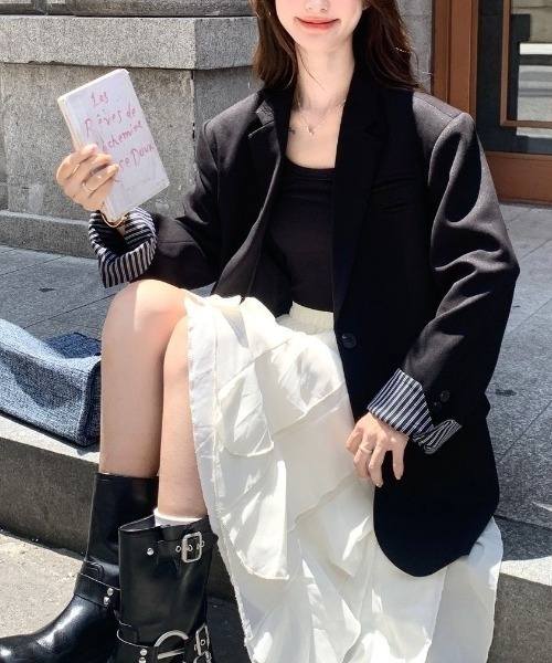gossip!ロサンゼルス(ゴシップロサンゼルス)の「【春秋新作】韓国風ルーズ ストライプアクセントシンプルオフィス カジュアルアウター(テーラードジャケット・レディース・ブラック・M/L/S)」の21枚目の写真