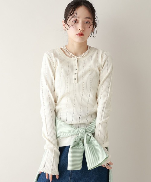 RAGEBLUE（レイジブルー）の「アイレット編み/ヘンリーニットプルオーバー（ニット/セーター・レディース・ホワイト/ピンク/ネイビー・FREE）」の2枚目の写真