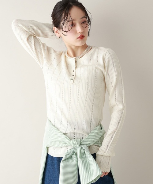 RAGEBLUE（レイジブルー）の「アイレット編み/ヘンリーニットプルオーバー（ニット/セーター・レディース・ホワイト/ピンク/ネイビー・FREE）」の7枚目の写真