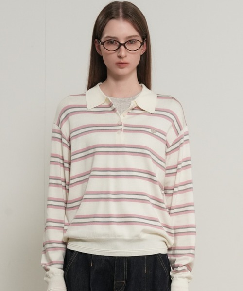 GENERAL IDEA（ジェネラルアイデア）の「【GENERAL IDEA】マルチボーダーポロシャツニットトップス / MULTI STRIPE LOOSE COLLAR KNIT（ポロシャツ・レディース・アイボリー/レッド/ライトグレー・S/L/M）」の4枚目の写真