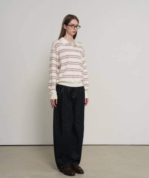 GENERAL IDEA（ジェネラルアイデア）の「【GENERAL IDEA】マルチボーダーポロシャツニットトップス / MULTI STRIPE LOOSE COLLAR KNIT（ポロシャツ・レディース・アイボリー/レッド/ライトグレー・S/L/M）」の6枚目の写真