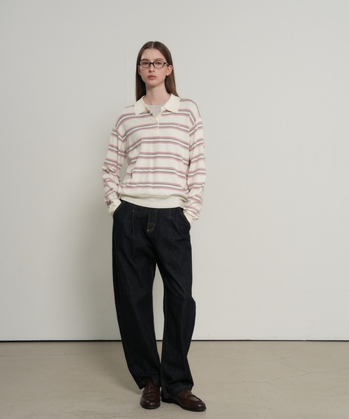 GENERAL IDEA（ジェネラルアイデア）の「【GENERAL IDEA】マルチボーダーポロシャツニットトップス / MULTI STRIPE LOOSE COLLAR KNIT（ポロシャツ・レディース・アイボリー/レッド/ライトグレー・S/L/M）」の7枚目の写真