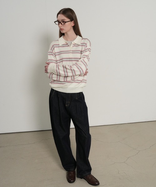 GENERAL IDEA(ジェネラルアイデア)の「【GENERAL IDEA】マルチボーダーポロシャツニットトップス / MULTI STRIPE LOOSE COLLAR KNIT(ポロシャツ・レディース・アイボリー/レッド/ライトグレー・S/L/M)」の8枚目の写真