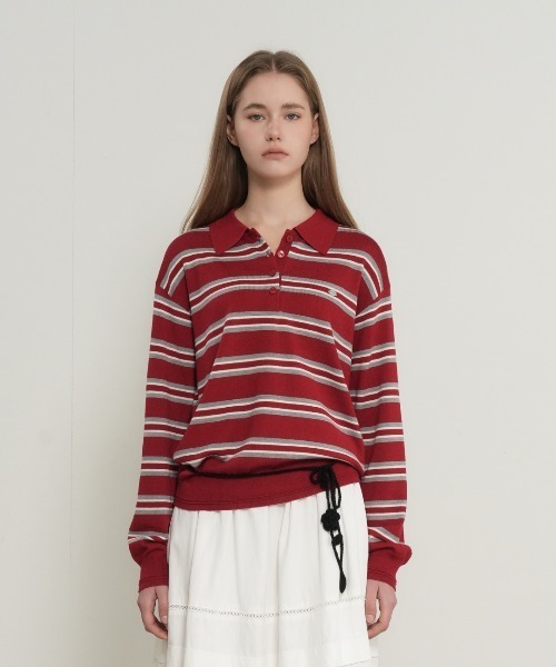 GENERAL IDEA（ジェネラルアイデア）の「【GENERAL IDEA】マルチボーダーポロシャツニットトップス / MULTI STRIPE LOOSE COLLAR KNIT（ポロシャツ・レディース・アイボリー/レッド/ライトグレー・S/L/M）」の19枚目の写真