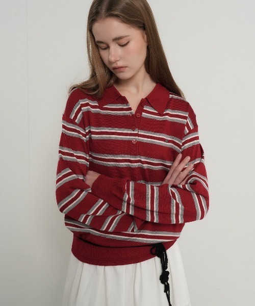 GENERAL IDEA（ジェネラルアイデア）の「【GENERAL IDEA】マルチボーダーポロシャツニットトップス / MULTI STRIPE LOOSE COLLAR KNIT（ポロシャツ・レディース・アイボリー/レッド/ライトグレー・S/L/M）」の18枚目の写真