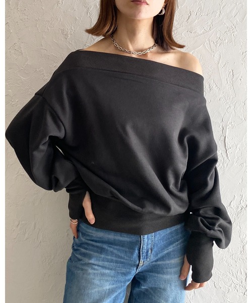 She's Closet(シーズクローゼット)の「長袖 ワンショルダー オフショルダー 指穴サムホール スウェット トップス(スウェット・レディース・スミクロ/杢グレー/アイボリー/ブラック・FREE)」の3枚目の写真