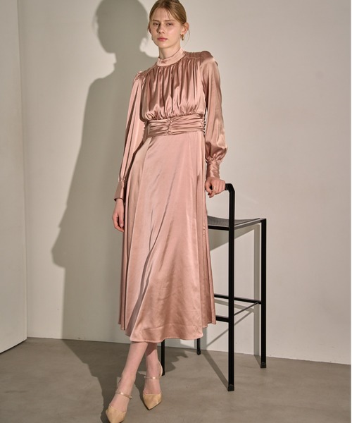 サテンロングドレス Satin Stand-Neck Long Dress スタンドカラーサテンロングドレス