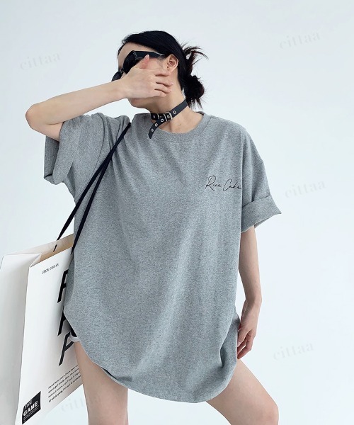 Dalfwin(ダールフィン)の「韓国ファッション RICECAKEフェイクレザーラベル付き筆記体ロゴ半袖Tシャツ(Tシャツ/カットソー・レディース・ホワイト/グレー/イエロー・FREE)」の22枚目の写真
