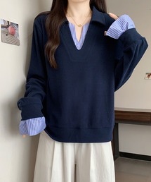 2ly2（トゥーリートゥー）の「レイヤード風 ストライプシャツドッキング スキッパートップス / きれいめ カットソー（その他トップス）」