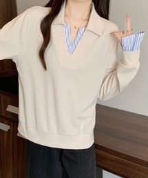 2ly2（トゥーリートゥー）の「レイヤード風 ストライプシャツドッキング スキッパートップス / きれいめ カットソー（その他トップス）」