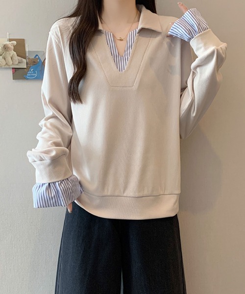 2ly2(トゥーリートゥー)の「レイヤード風 ストライプシャツドッキング スキッパートップス / きれいめ カットソー(その他トップス・レディース・ブラック/アイボリー/グレー/ネイビー・FREE)」の6枚目の写真