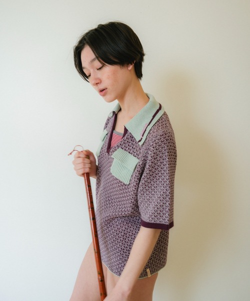 PAMM(パム)の「線と文字のメッシュニットポロ(ニット/セーター・レディース・スカイブルー系/ミント/ネイビー・2/3)」の4枚目の写真