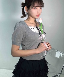 〇レースリボン レイヤード風 5分袖ニットプルオーバー