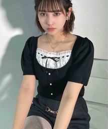 〇レースリボン レイヤード風 5分袖ニットプルオーバー