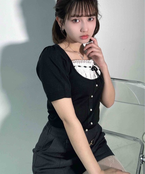 AS KNOW AS plus(アズノゥアズプラス)の「〇レースリボン レイヤード風 5分袖ニットプルオーバー(ニット/セーター・レディース・ピンク/ブラック/杢グレー・FREE)」の4枚目の写真