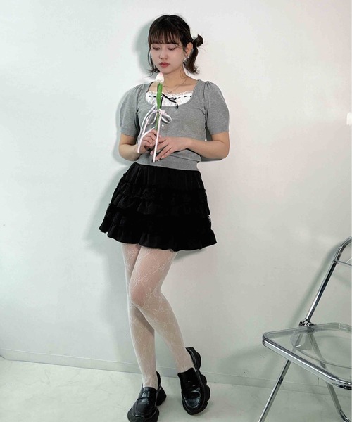 AS KNOW AS plus(アズノゥアズプラス)の「〇レースリボン レイヤード風 5分袖ニットプルオーバー(ニット/セーター・レディース・ピンク/ブラック/杢グレー・FREE)」の19枚目の写真