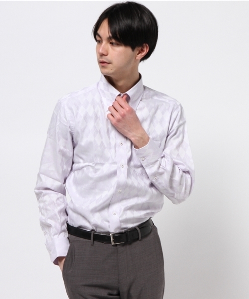 CROWDED CLOSET（クラウデッドクローゼット）の「ビジネスシャツ【ワイシャツ】コットンアーガイルジャガードスナップダウンシャツ（シャツ/ブラウス・メンズ・ホワイト/サックスブルー/ラベンダー・SMALL/MEDIUM/LL/LARGE）」の3枚目の写真