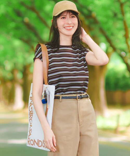 23区（ニジュウサンク）の「マルチボーダー フレンチスリーブ カットソー（Tシャツ/カットソー・レディース・ダークブラウン系5/黄土色系5・38）」の2枚目の写真