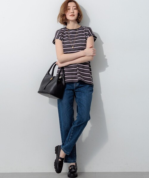 23区（ニジュウサンク）の「マルチボーダー フレンチスリーブ カットソー（Tシャツ/カットソー・レディース・ダークブラウン系5/黄土色系5・38）」の9枚目の写真