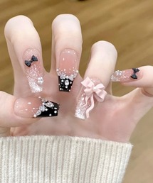 ARCHIVER（アーカイバ）の「【Bz】ブラックピンクカラーリボンモチーフドットうるちゅるネイルチップ ロング バレリーナデザイン フルアート(MA/EK569)（ネイルシール/ネイルチップ）」