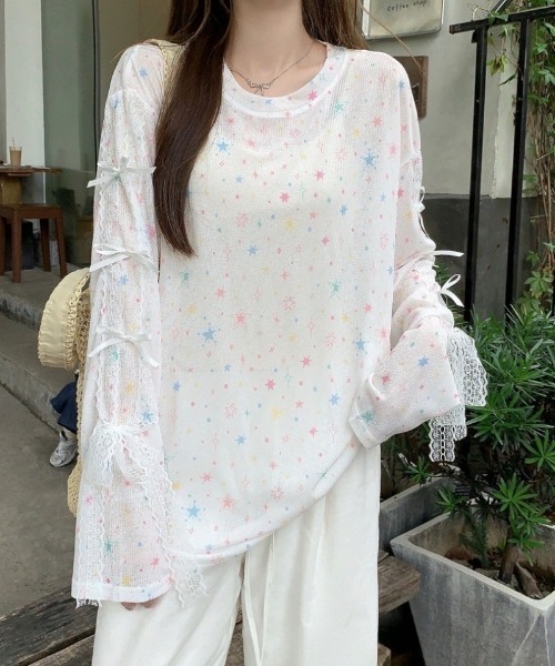 Ritzy(リッツィー)の「星柄&バタフライ柄プリントレーススリーブシアートップス(Tシャツ/カットソー・レディース・ホワイト/ブルー・FREE)」の8枚目の写真