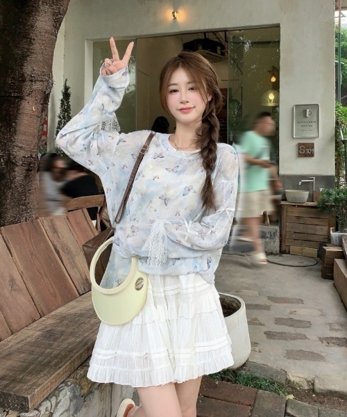 Ritzy(リッツィー)の「星柄&バタフライ柄プリントレーススリーブシアートップス(Tシャツ/カットソー・レディース・ホワイト/ブルー・FREE)」の21枚目の写真