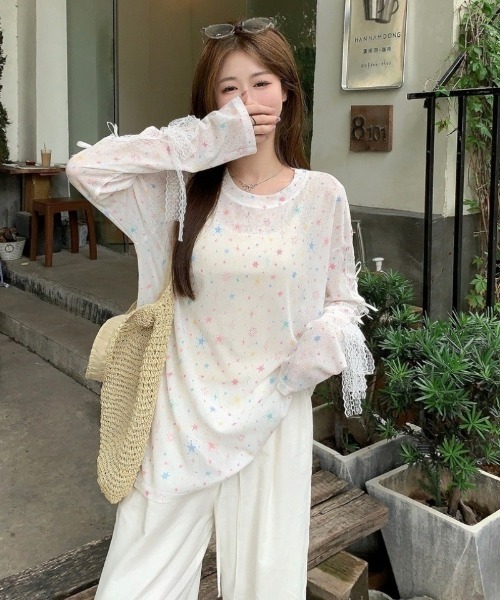 Ritzy(リッツィー)の「星柄&バタフライ柄プリントレーススリーブシアートップス(Tシャツ/カットソー・レディース・ホワイト/ブルー・FREE)」の22枚目の写真