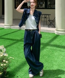ショート丈デニムベスト + ワイドパンツ セットアップ