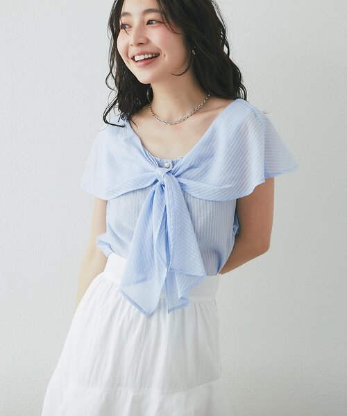 La boutique BonBon(ラブティックボンボン)の「【涼しく夏映え】フリルボウタイブラウス(シャツ/ブラウス・レディース・ライトグレー/サックスブルー・FREE)」の15枚目の写真