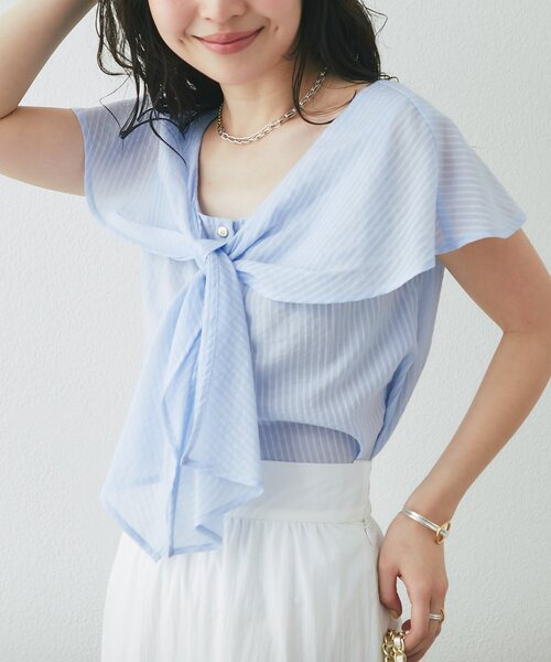 La boutique BonBon(ラブティックボンボン)の「【涼しく夏映え】フリルボウタイブラウス(シャツ/ブラウス・レディース・ライトグレー/サックスブルー・FREE)」の16枚目の写真