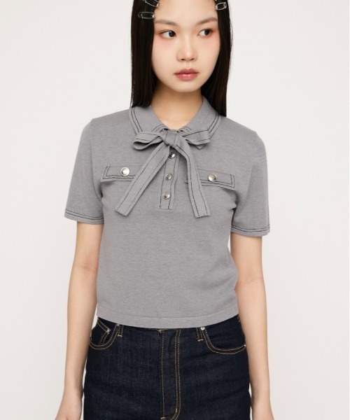 SLY(スライ)の「STICH COMPACT KNIT TOPS ステッチコンパクトニットトップス 春服 夏服(ニット/セーター・レディース・アイボリー/ブラック/ネイビー/杢グレー・FREE)」の4枚目の写真
