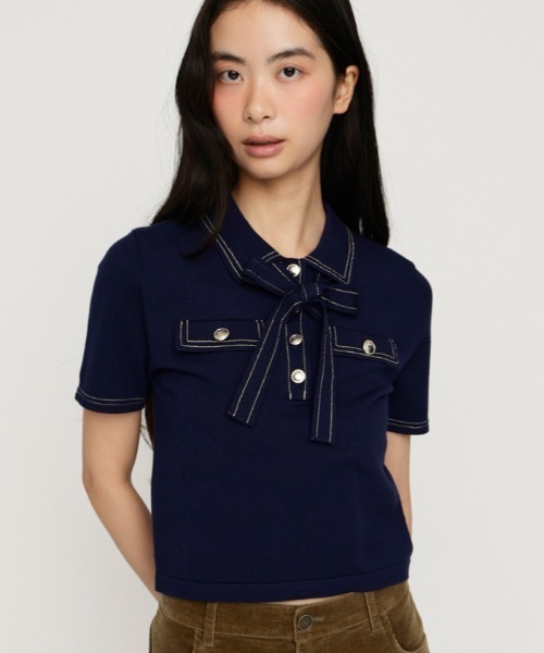 SLY(スライ)の「STICH COMPACT KNIT TOPS ステッチコンパクトニットトップス 春服 夏服(ニット/セーター・レディース・アイボリー/ブラック/ネイビー/杢グレー・FREE)」の1枚目の写真
