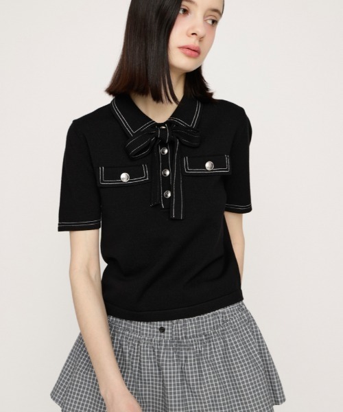 SLY(スライ)の「STICH COMPACT KNIT TOPS ステッチコンパクトニットトップス 春服 夏服(ニット/セーター・レディース・アイボリー/ブラック/ネイビー/杢グレー・FREE)」の3枚目の写真
