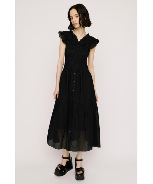 SLY（スライ）の「SHIRRING V/N L/OP シャーリングブイネックロングワンピース 夏服（ワンピース・レディース・ブラウン/ネイビー/ブラック・2/1）」の4枚目の写真