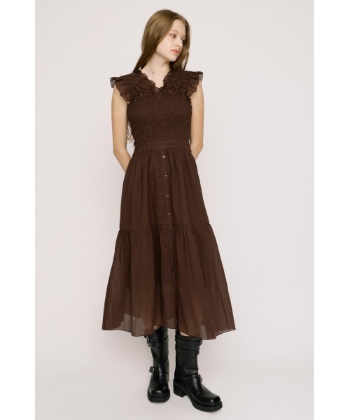 SLY（スライ）の「SHIRRING V/N L/OP シャーリングブイネックロングワンピース 夏服（ワンピース・レディース・ブラウン/ネイビー/ブラック・2/1）」の6枚目の写真