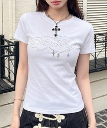 ラインストーンロゴ チェーンプリント 半袖ラグランTシャツ