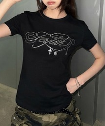 lilful | ラインストーンロゴ チェーンプリント 半袖ラグランTシャツ(Tシャツ/カットソー)
