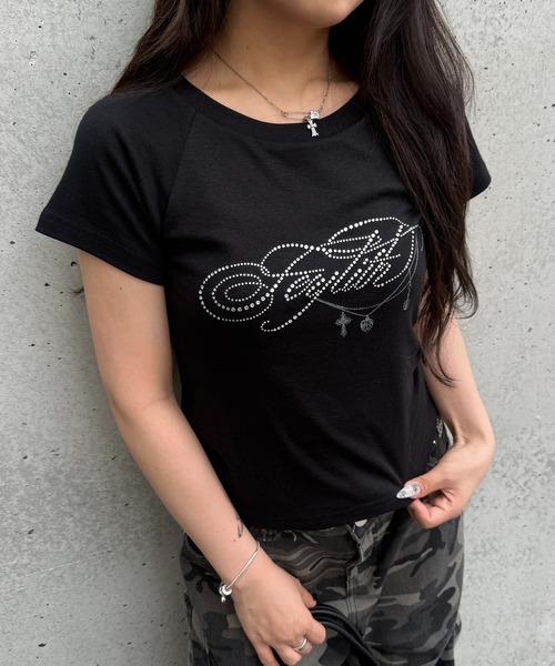 lilful(リルフル)の「ラインストーンロゴ チェーンプリント 半袖ラグランTシャツ(Tシャツ/カットソー・レディース・ホワイト/ブラック/グレー・F)」の8枚目の写真