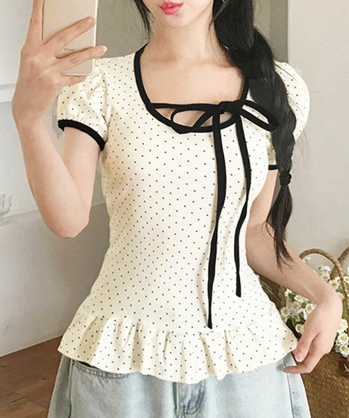 core core(コアコア)の「ドット柄リボンレース裾フリル半袖トップス(Tシャツ/カットソー・レディース・ホワイト/グレー/ブラック・FREE)」の2枚目の写真